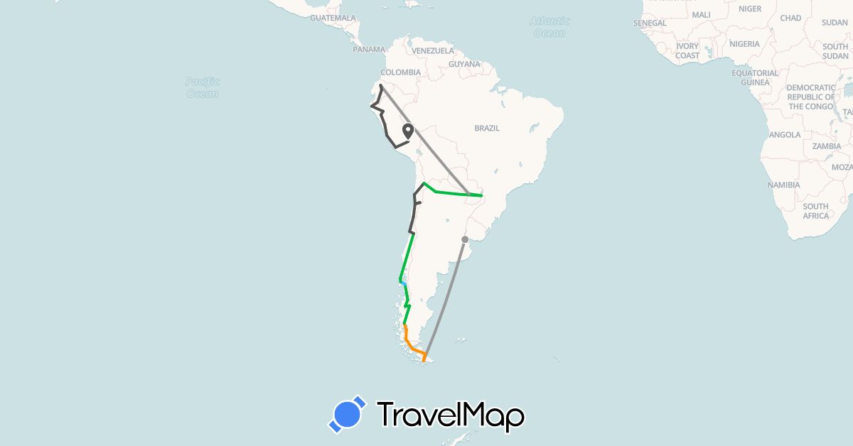 TravelMap itinerary: bus, plane, boat, hitchhiking, motorbike in Argentina, Chile, Ecuador, Peru, Paraguay (South America)